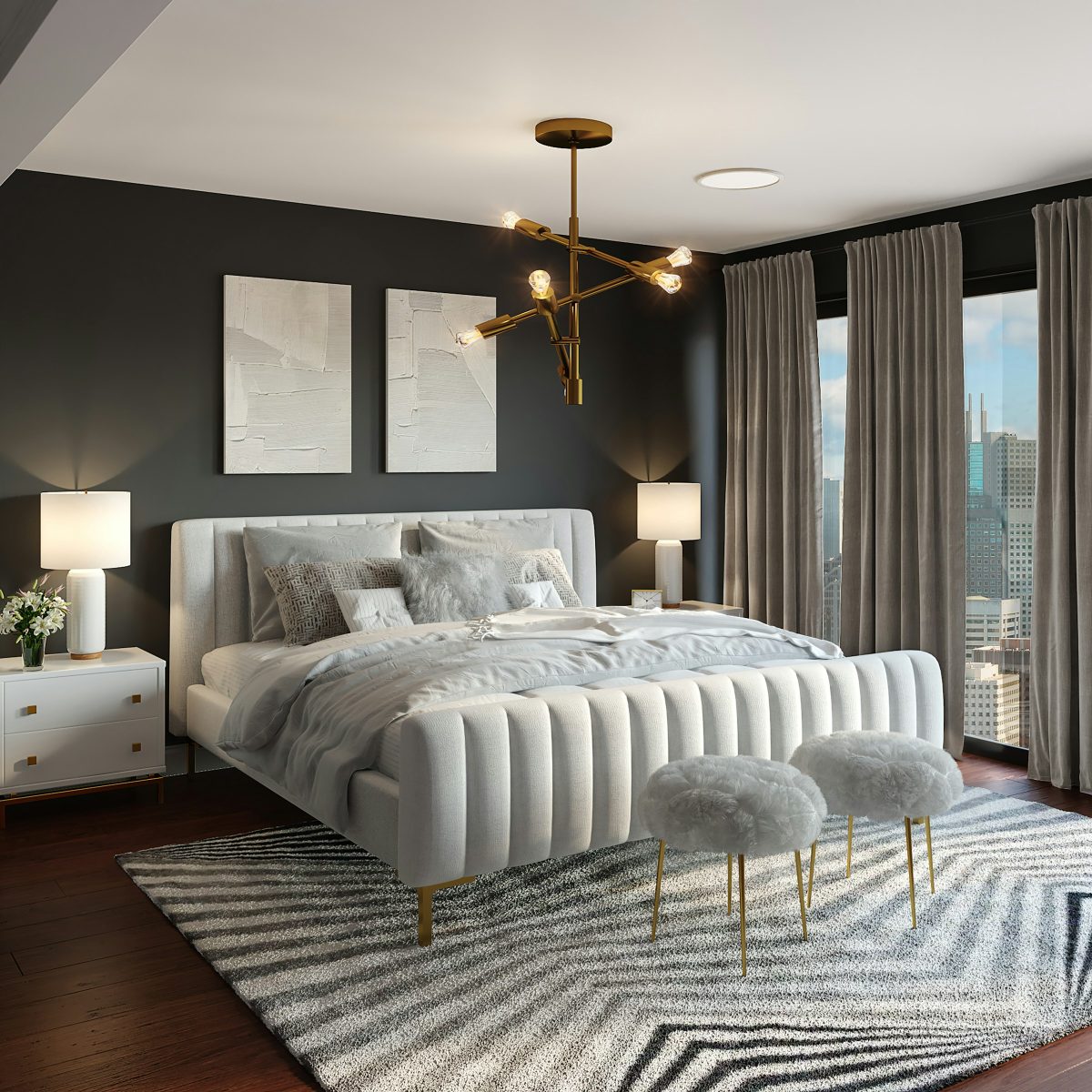 Principal bedroom with an upholstered headboard