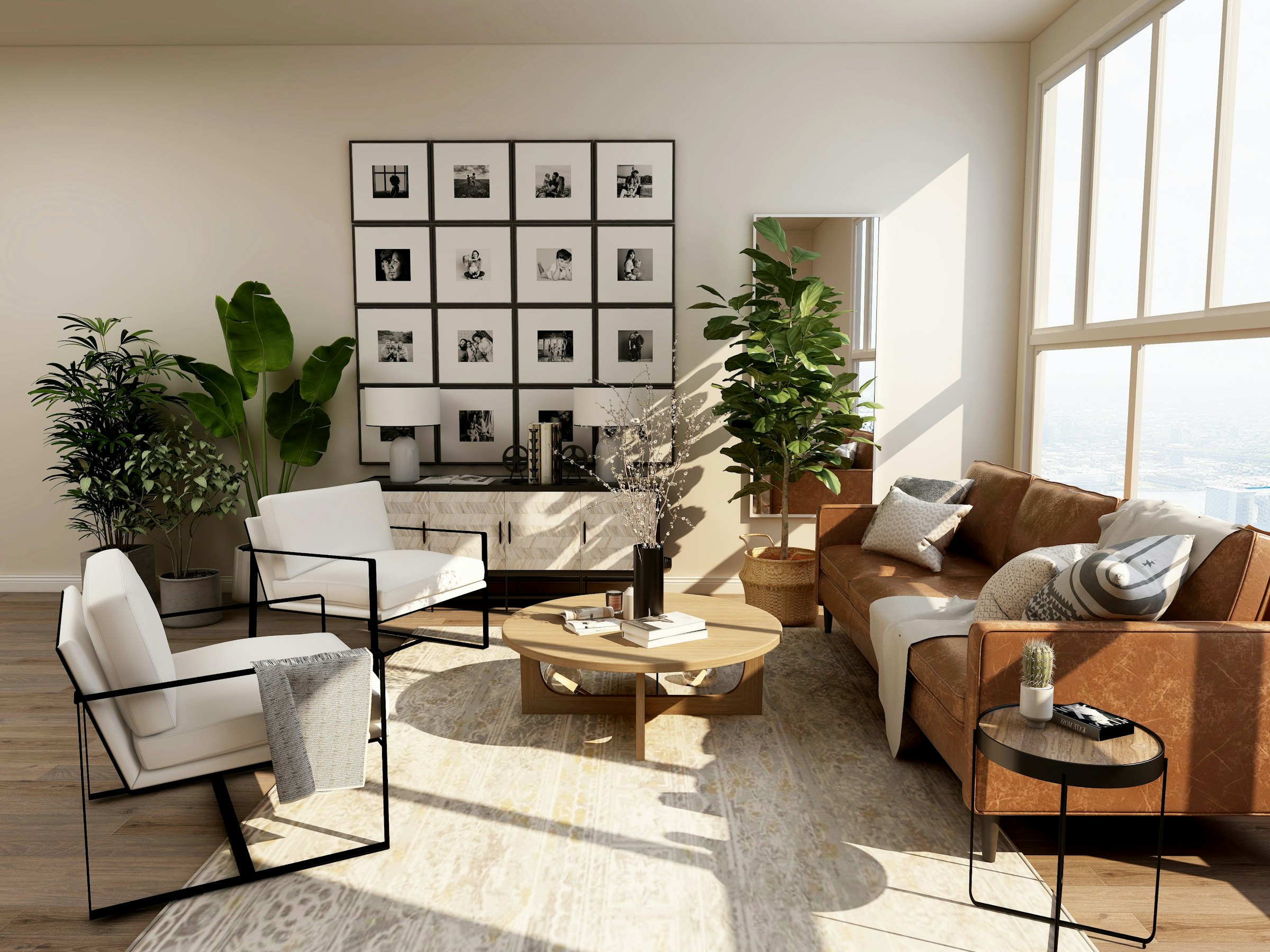 Double-height living room filled with natural light